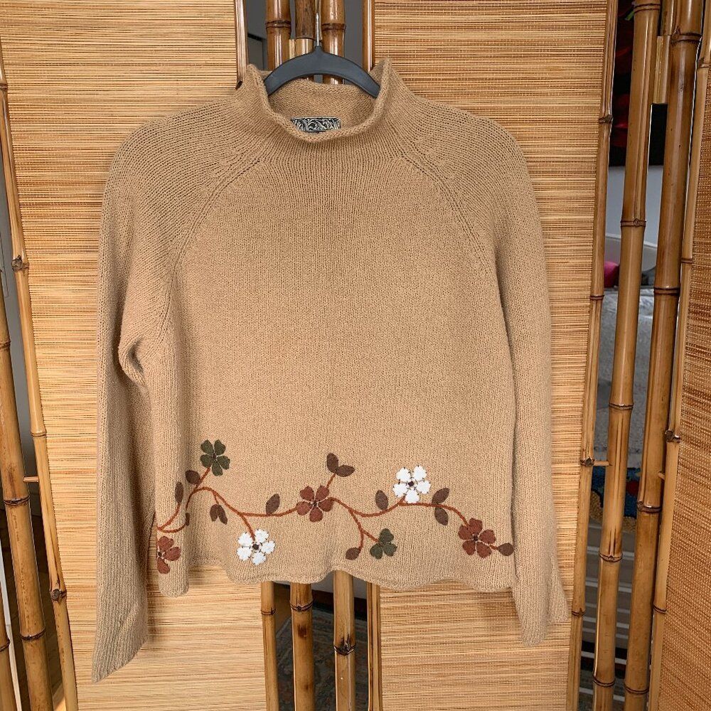 Curio Fall Applique Leaves and Flowers Cropped Mockneck Sweater Sz M